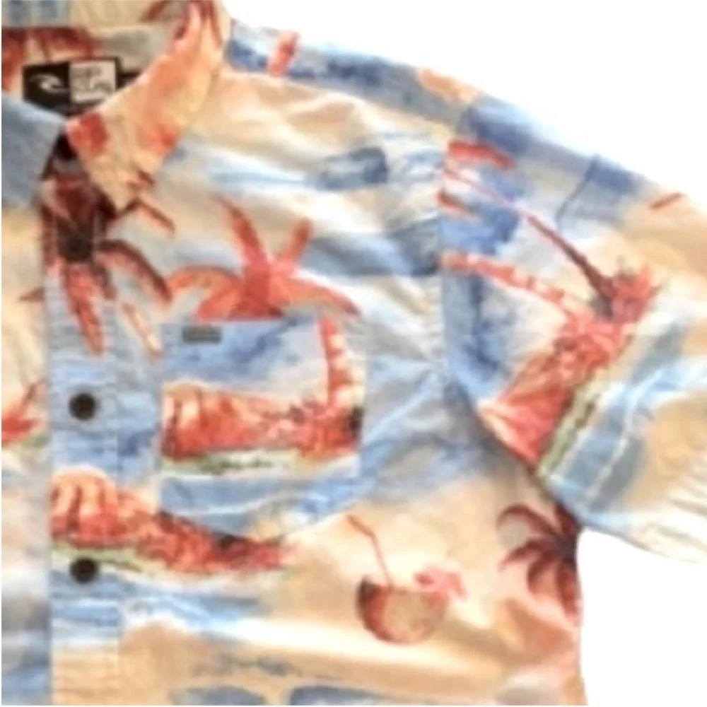 Rip Curl Short Sleeve Button Down Shirt Tropical Palm Tree Ocean Print